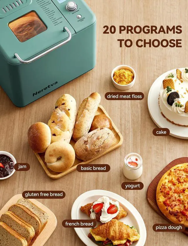 Alt view image 2 of 7 - Neretva Bread Maker 20-IN-1, Dual Heater 2LB Bread Machine Stainless Steel Bread Maker Machine Nonstick Ceramic Pan Compact for Gluten Free/Sourdough/Whole Wheat Bread/Yogurt, Breadmaker Recipe-Green