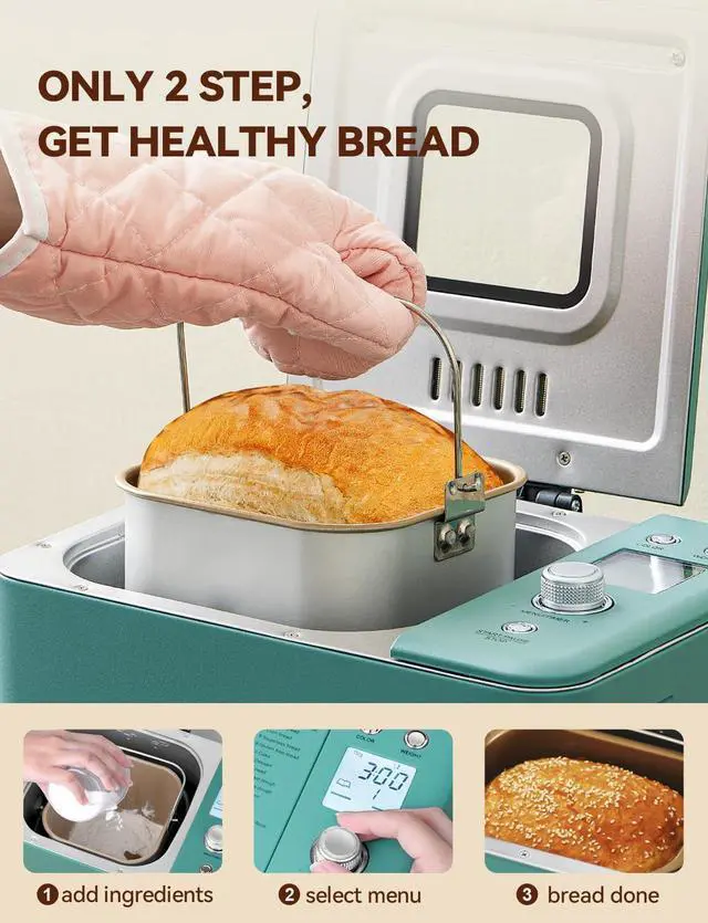 Alt view image 4 of 7 - Neretva Bread Maker 20-IN-1, Dual Heater 2LB Bread Machine Stainless Steel Bread Maker Machine Nonstick Ceramic Pan Compact for Gluten Free/Sourdough/Whole Wheat Bread/Yogurt, Breadmaker Recipe-Green