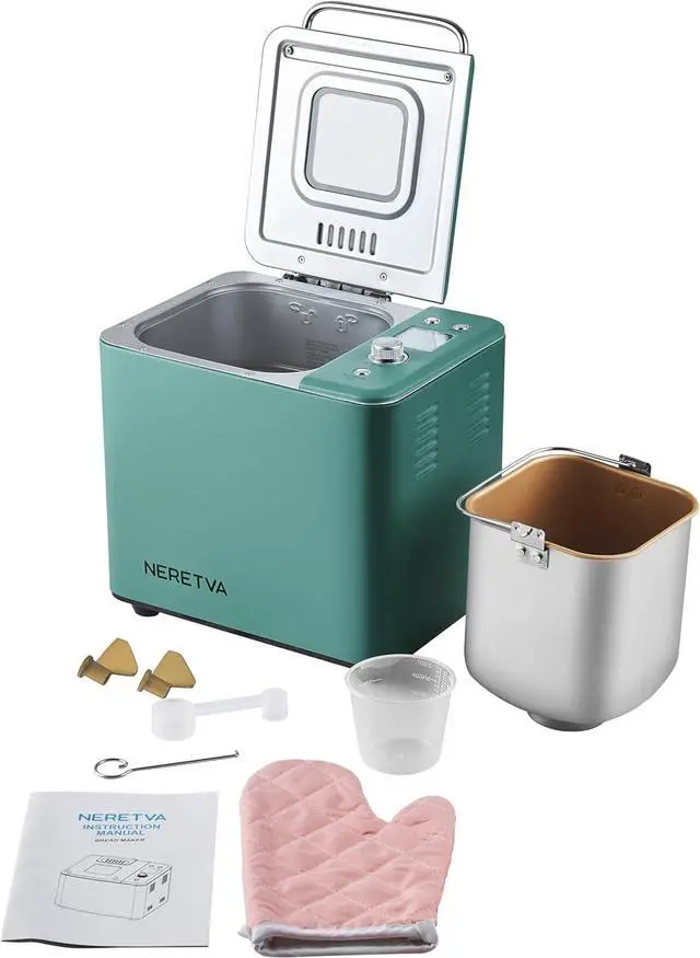 Alt view image 7 of 7 - Neretva Bread Maker 20-IN-1, Dual Heater 2LB Bread Machine Stainless Steel Bread Maker Machine Nonstick Ceramic Pan Compact for Gluten Free/Sourdough/Whole Wheat Bread/Yogurt, Breadmaker Recipe-Green