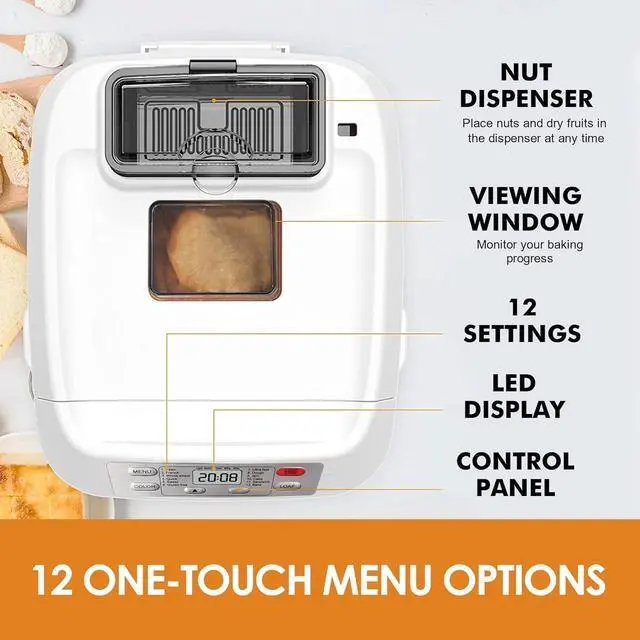 Alt view image 2 of 7 - Bread Machine, Kitchen in the box 2LB 12-IN-1 Bread Maker, Gluten-Free Setting, Auto Fruit Nut Dispenser & Nonstick Pan, 2 Loaf Sizes,13H Reserve & 1H Keep Warm (White)