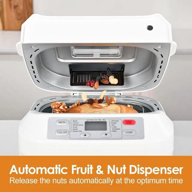 Alt view image 3 of 7 - Bread Machine, Kitchen in the box 2LB 12-IN-1 Bread Maker, Gluten-Free Setting, Auto Fruit Nut Dispenser & Nonstick Pan, 2 Loaf Sizes,13H Reserve & 1H Keep Warm (White)