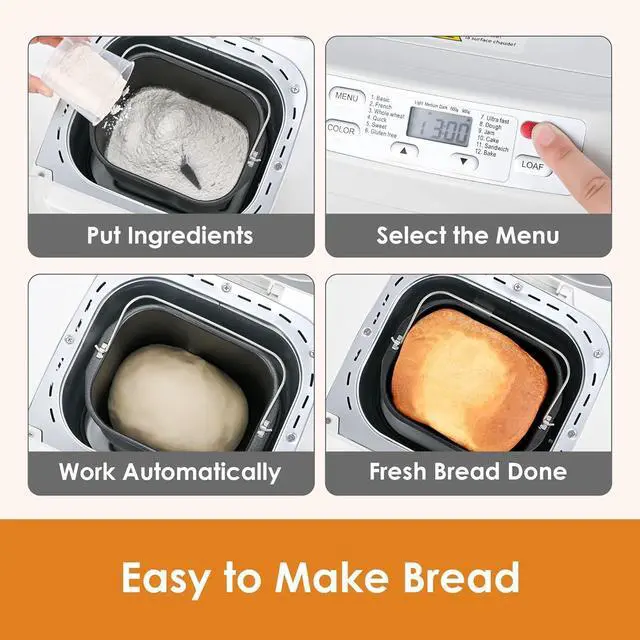 Alt view image 5 of 7 - Bread Machine, Kitchen in the box 2LB 12-IN-1 Bread Maker, Gluten-Free Setting, Auto Fruit Nut Dispenser & Nonstick Pan, 2 Loaf Sizes,13H Reserve & 1H Keep Warm (White)