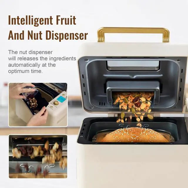 Alt view image 3 of 6 - Neretva Bread Machine, 2.2LB 15-in-1 Bread Maker, Dual Heater Breadmaker Machine with Auto Nut Dispenser & Nonstick Ceramic Pan, Bread Maker Machine for Gluten Free, Dough Maker, Sourdough, Yogurt