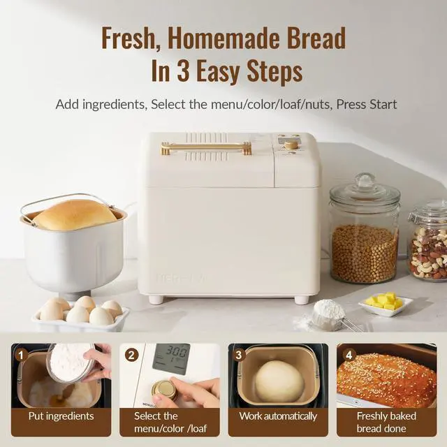 Alt view image 4 of 6 - Neretva Bread Machine, 2.2LB 15-in-1 Bread Maker, Dual Heater Breadmaker Machine with Auto Nut Dispenser & Nonstick Ceramic Pan, Bread Maker Machine for Gluten Free, Dough Maker, Sourdough, Yogurt