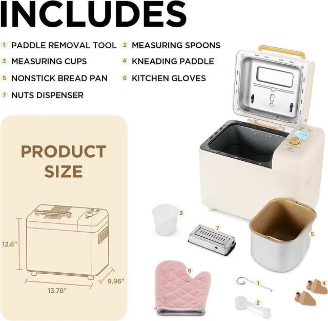 Alt view image 6 of 6 - Neretva Bread Machine, 2.2LB 15-in-1 Bread Maker, Dual Heater Breadmaker Machine with Auto Nut Dispenser & Nonstick Ceramic Pan, Bread Maker Machine for Gluten Free, Dough Maker, Sourdough, Yogurt