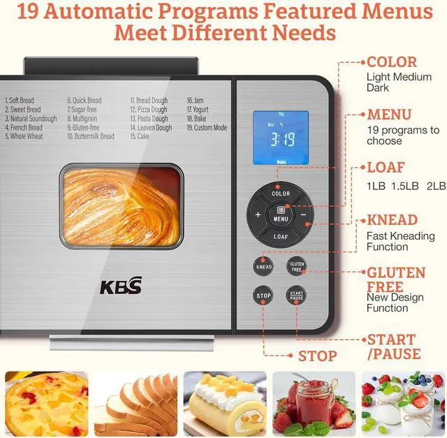 Alt view image 2 of 7 - KBS 2LB Bread Maker, 19-in-1 Automatic Bread Machine Stainless Steel with Ceramic Pan,15H Timer&1H Keep Warm, Sourdough, Gluten-Free, 650W Bread Maker Machine with 3 Loaf Sizes 3 Crust Colors, Recipes