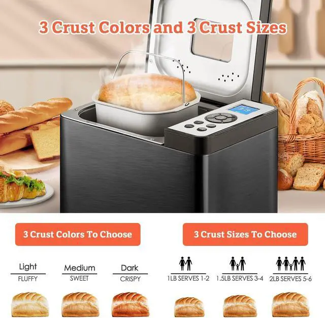 Alt view image 3 of 7 - KBS 2LB Bread Maker, 19-in-1 Automatic Bread Machine Stainless Steel with Ceramic Pan,15H Timer&1H Keep Warm, Sourdough, Gluten-Free, 650W Bread Maker Machine with 3 Loaf Sizes 3 Crust Colors, Recipes