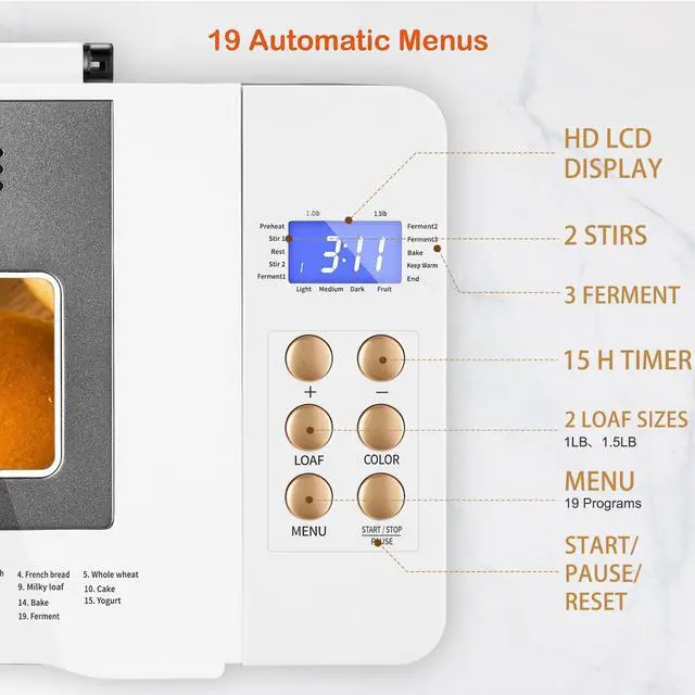 Alt view image 2 of 7 - 19-in-1 Smart Dual Heaters Bread Maker With Heat-Conductive Nonstick Ceramic Pan, Quiet Bread Machine with 15H Timer & 1H Keep Warm, Stainless Steel BreadMaker with French, Gluten-Free,Sourdough