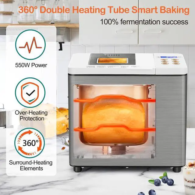 Alt view image 3 of 7 - 19-in-1 Smart Dual Heaters Bread Maker With Heat-Conductive Nonstick Ceramic Pan, Quiet Bread Machine with 15H Timer & 1H Keep Warm, Stainless Steel BreadMaker with French, Gluten-Free,Sourdough