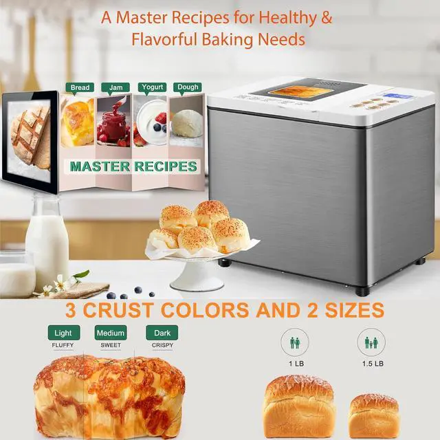 Alt view image 4 of 7 - 19-in-1 Smart Dual Heaters Bread Maker With Heat-Conductive Nonstick Ceramic Pan, Quiet Bread Machine with 15H Timer & 1H Keep Warm, Stainless Steel BreadMaker with French, Gluten-Free,Sourdough