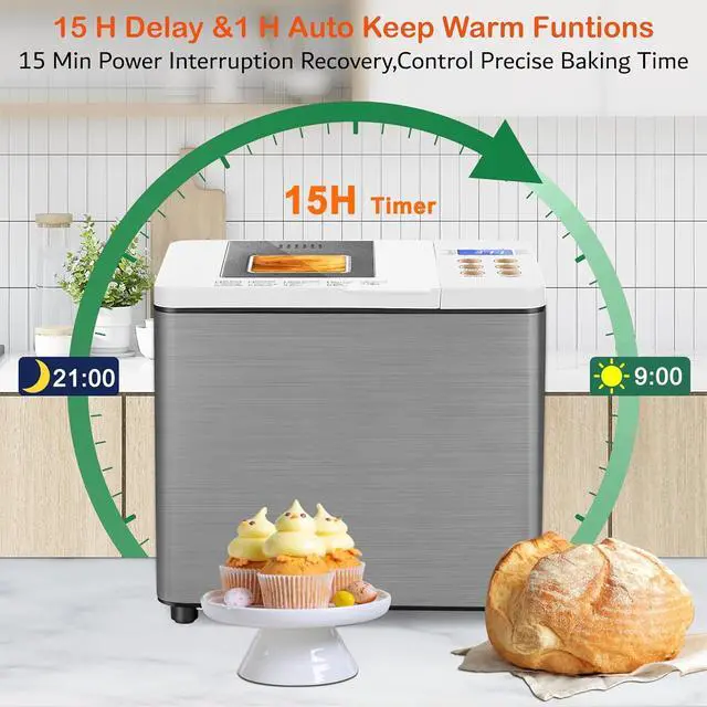 Alt view image 6 of 7 - 19-in-1 Smart Dual Heaters Bread Maker With Heat-Conductive Nonstick Ceramic Pan, Quiet Bread Machine with 15H Timer & 1H Keep Warm, Stainless Steel BreadMaker with French, Gluten-Free,Sourdough