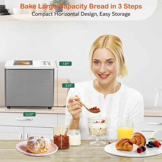 Alt view image 7 of 7 - 19-in-1 Smart Dual Heaters Bread Maker With Heat-Conductive Nonstick Ceramic Pan, Quiet Bread Machine with 15H Timer & 1H Keep Warm, Stainless Steel BreadMaker with French, Gluten-Free,Sourdough