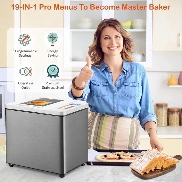 Alt view image 5 of 7 - 19-in-1 Smart Dual Heaters Bread Maker With Heat-Conductive Nonstick Ceramic Pan, Quiet Bread Machine with 15H Timer & 1H Keep Warm, Stainless Steel BreadMaker with French, Gluten-Free,Sourdough