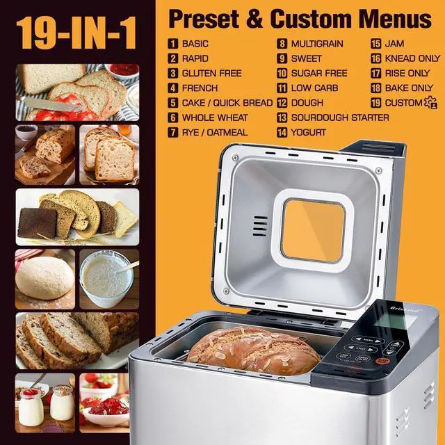 Alt view image 2 of 7 - Bread Maker Machine with Ceramic Nonstick Pan, 19 Menus, 2 Pound Stainless Steel Breadmaker with Glass Touch Panel, Gluten Free, Sourdough Starter, Custom Setting, 3 Loaf Sizes & Crust Colors