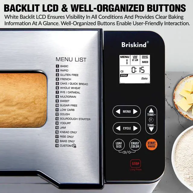 Alt view image 4 of 7 - Bread Maker Machine with Ceramic Nonstick Pan, 19 Menus, 2 Pound Stainless Steel Breadmaker with Glass Touch Panel, Gluten Free, Sourdough Starter, Custom Setting, 3 Loaf Sizes & Crust Colors