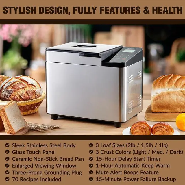 Alt view image 3 of 7 - Bread Maker Machine with Ceramic Nonstick Pan, 19 Menus, 2 Pound Stainless Steel Breadmaker with Glass Touch Panel, Gluten Free, Sourdough Starter, Custom Setting, 3 Loaf Sizes & Crust Colors