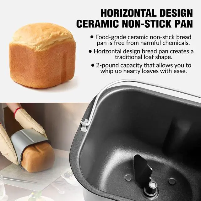 Alt view image 5 of 7 - Bread Maker Machine with Ceramic Nonstick Pan, 19 Menus, 2 Pound Stainless Steel Breadmaker with Glass Touch Panel, Gluten Free, Sourdough Starter, Custom Setting, 3 Loaf Sizes & Crust Colors