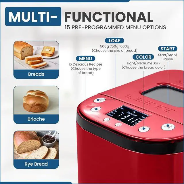 Alt view image 3 of 7 - Bread Maker Machine with Nonstick Bowl, Bread Hook, Measuring Cup & Spoon. 15-in-1, Gluten-Free Bread, Cake& Yogurt, 3 Crust Colour options and more. 3 Loaf Sizes. 2LB XL-RED