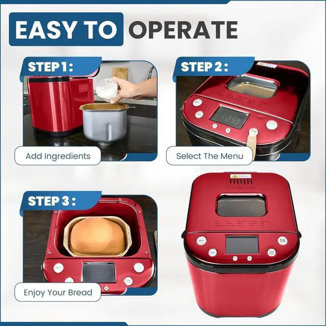Alt view image 4 of 7 - Bread Maker Machine with Nonstick Bowl, Bread Hook, Measuring Cup & Spoon. 15-in-1, Gluten-Free Bread, Cake& Yogurt, 3 Crust Colour options and more. 3 Loaf Sizes. 2LB XL-RED