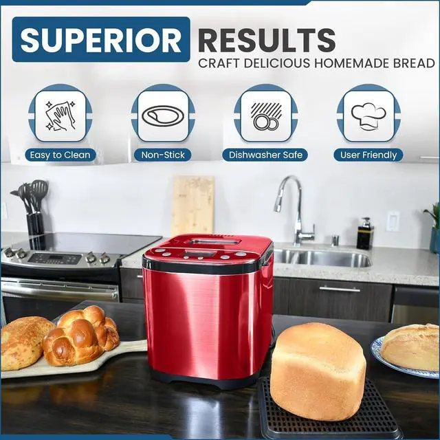 Alt view image 6 of 7 - Bread Maker Machine with Nonstick Bowl, Bread Hook, Measuring Cup & Spoon. 15-in-1, Gluten-Free Bread, Cake& Yogurt, 3 Crust Colour options and more. 3 Loaf Sizes. 2LB XL-RED