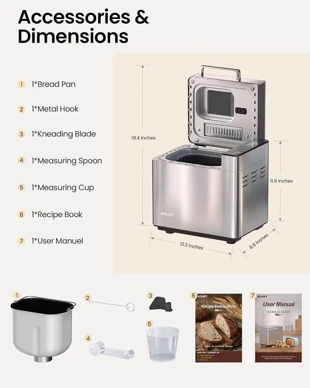 Alt view image 7 of 7 - 25-in-1 Bread Maker Machine with Automatic Dual Dispenser, 2LB Stainless Steel Breadmaker with Gluten-Free, Dough, Jam, Yogurt etc Settings, Silver