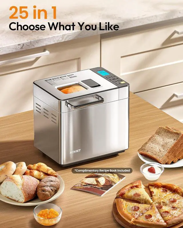 Alt view image 2 of 7 - 25-in-1 Bread Maker Machine with Automatic Dual Dispenser, 2LB Stainless Steel Breadmaker with Gluten-Free, Dough, Jam, Yogurt etc Settings, Silver