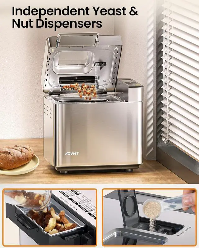 Alt view image 3 of 7 - 25-in-1 Bread Maker Machine with Automatic Dual Dispenser, 2LB Stainless Steel Breadmaker with Gluten-Free, Dough, Jam, Yogurt etc Settings, Silver