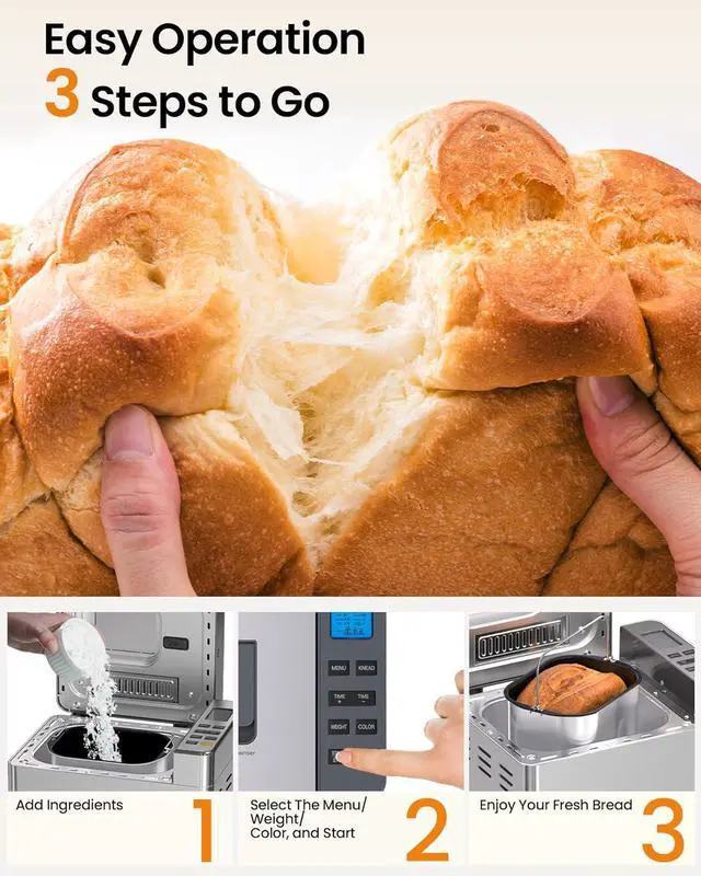 Alt view image 4 of 7 - 25-in-1 Bread Maker Machine with Automatic Dual Dispenser, 2LB Stainless Steel Breadmaker with Gluten-Free, Dough, Jam, Yogurt etc Settings, Silver