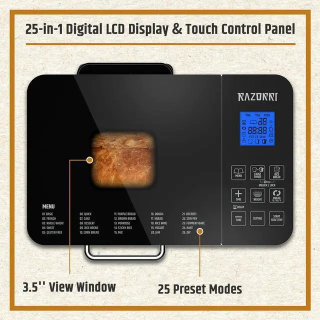 Alt view image 2 of 7 - Razorri Bread Maker Machine Stainless Steel UL Certified, Nonstick Bread Pan, Homemade 2Lbs Breadmaker, Gluten-Free Setting, 15H Delayed-start, 1H Keep Warm, 3 Crust Colors and 3 Loaf Sizes