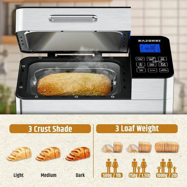 Alt view image 3 of 7 - Razorri Bread Maker Machine Stainless Steel UL Certified, Nonstick Bread Pan, Homemade 2Lbs Breadmaker, Gluten-Free Setting, 15H Delayed-start, 1H Keep Warm, 3 Crust Colors and 3 Loaf Sizes