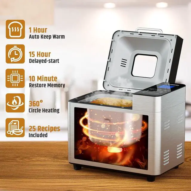 Alt view image 4 of 7 - Razorri Bread Maker Machine Stainless Steel UL Certified, Nonstick Bread Pan, Homemade 2Lbs Breadmaker, Gluten-Free Setting, 15H Delayed-start, 1H Keep Warm, 3 Crust Colors and 3 Loaf Sizes
