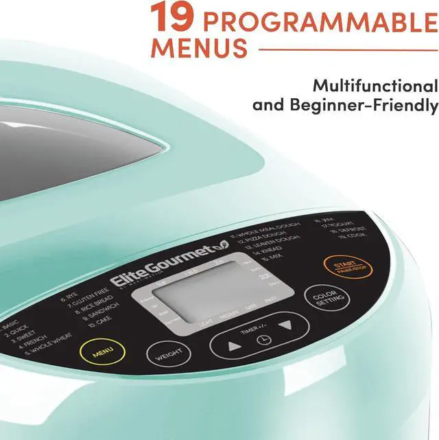 Alt view image 3 of 7 - Elite Gourmet EBM8103M Programmable Bread Maker Machine 3 Loaf Sizes, 19 Menu Functions Gluten Free White Wheat Rye French and more, 2 Lbs, Mint