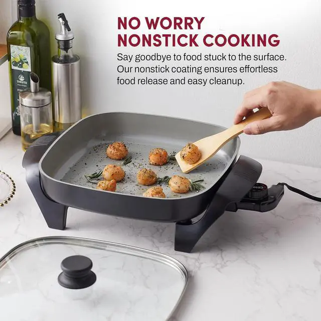 Alt view image 5 of 7 - Elite Gourmet EG2212 12"x12"x2.15 Ceralast PFAS Free Ceramic Electric Skillet, Dishwasher Safe, Rapid Heat Up, 1200W, Dark Grey