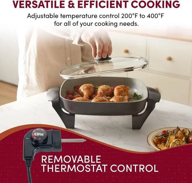 Alt view image 6 of 7 - Elite Gourmet EG2212 12"x12"x2.15 Ceralast PFAS Free Ceramic Electric Skillet, Dishwasher Safe, Rapid Heat Up, 1200W, Dark Grey