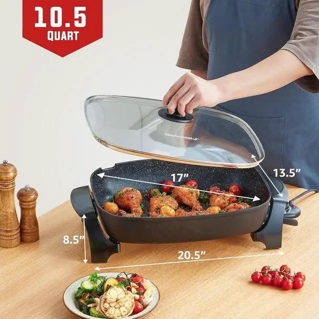 Alt view image 3 of 7 - Elite Gourmet EG-6203# Extra Deep 16"x13"x3.2" (10.5Qt.) Scratch Resistant, Easy Pour Spout Dishwasher Safe, Non-stick Electric Skillet with Glass Vented Lid, Adjustable Temperature, Black