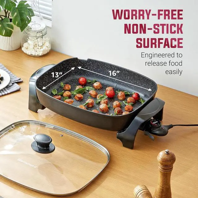Alt view image 4 of 7 - Elite Gourmet EG-6203# Extra Deep 16"x13"x3.2" (10.5Qt.) Scratch Resistant, Easy Pour Spout Dishwasher Safe, Non-stick Electric Skillet with Glass Vented Lid, Adjustable Temperature, Black