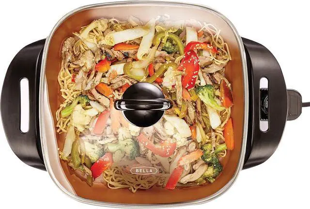 Main image of BELLA Electric Skillet and Frying Pan with Glass Lid, Nonstick Coating, Cool Touch Handles, Removable Heating Probe, Dishwasher Safe, 12 x 12 inch, Copper