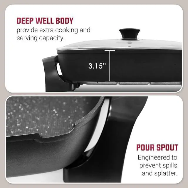 Alt view image 6 of 7 - Elite Gourmet EG-6203# Extra Deep 16"x13"x3.2" (10.5Qt.) Scratch Resistant, Easy Pour Spout Dishwasher Safe, Non-stick Electric Skillet with Glass Vented Lid, Adjustable Temperature, Black