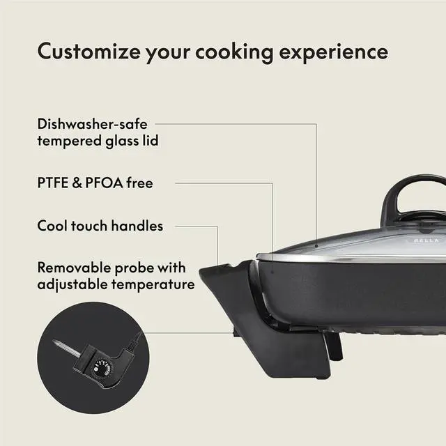 Alt view image 3 of 7 - BELLA Electric Skillet and Frying Pan with Glass Lid, Nonstick Coating, Cool Touch Handles, Removable Heating Probe, Dishwasher Safe, 12 x 12 inch, Copper