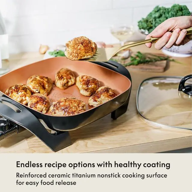 Alt view image 4 of 7 - BELLA Electric Skillet and Frying Pan with Glass Lid, Nonstick Coating, Cool Touch Handles, Removable Heating Probe, Dishwasher Safe, 12 x 12 inch, Copper
