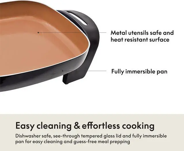 Alt view image 5 of 7 - BELLA Electric Skillet and Frying Pan with Glass Lid, Nonstick Coating, Cool Touch Handles, Removable Heating Probe, Dishwasher Safe, 12 x 12 inch, Copper