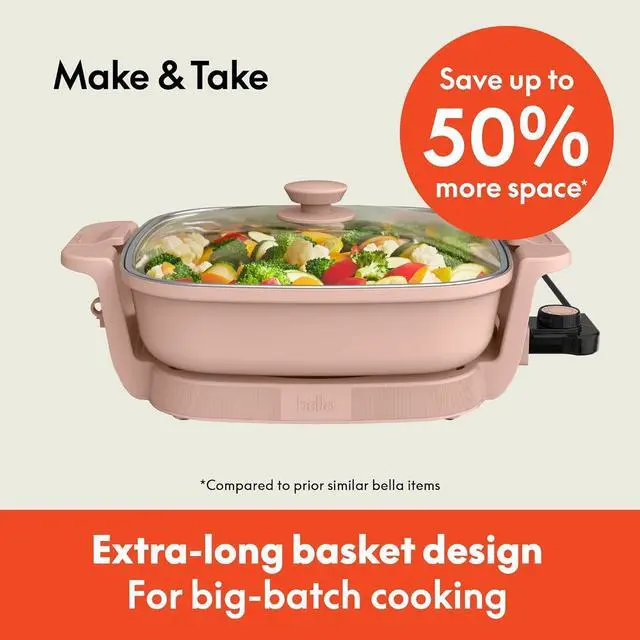 Alt view image 2 of 7 - bella Make & Take Electric Skillet, Fits-anywhereTM kitchenware, EverGoodTM Ceramic Coating, Adjustable Temperature & Dishwasher-Safe Tempered Glass Lid, Cast Aluminum Base, 1200 Watt, Blossom