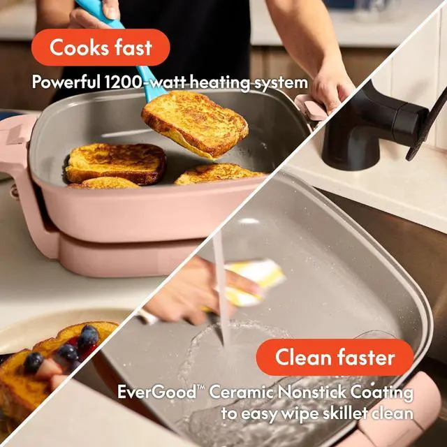 Alt view image 4 of 7 - bella Make & Take Electric Skillet, Fits-anywhereTM kitchenware, EverGoodTM Ceramic Coating, Adjustable Temperature & Dishwasher-Safe Tempered Glass Lid, Cast Aluminum Base, 1200 Watt, Blossom