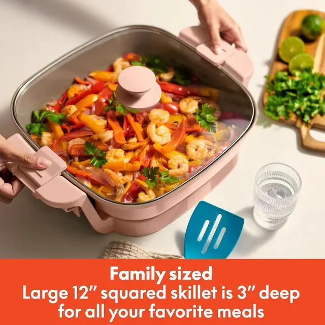 Alt view image 3 of 7 - bella Make & Take Electric Skillet, Fits-anywhereTM kitchenware, EverGoodTM Ceramic Coating, Adjustable Temperature & Dishwasher-Safe Tempered Glass Lid, Cast Aluminum Base, 1200 Watt, Blossom