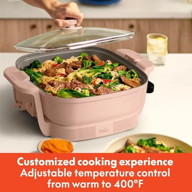 Alt view image 5 of 7 - bella Make & Take Electric Skillet, Fits-anywhereTM kitchenware, EverGoodTM Ceramic Coating, Adjustable Temperature & Dishwasher-Safe Tempered Glass Lid, Cast Aluminum Base, 1200 Watt, Blossom