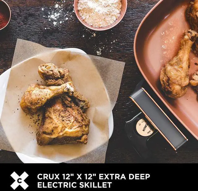 Alt view image 5 of 7 - CRUX Electric Skillet with Glass Lid - Nonstick Scratch Resistant Ceramic Pan, Extra Deep with Removable Temperature Probe, 12" x 12", 1400 Watts