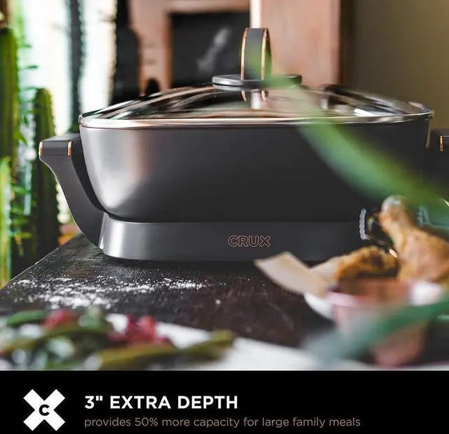 Alt view image 6 of 7 - CRUX Electric Skillet with Glass Lid - Nonstick Scratch Resistant Ceramic Pan, Extra Deep with Removable Temperature Probe, 12" x 12", 1400 Watts