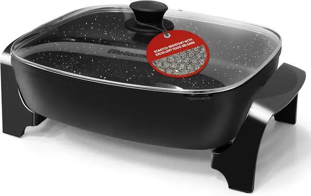 Main image of Elite Gourmet EG6203 Extra Deep 16"x13"x3.2" (10.5Qt.) Scratch Resistant, Easy Pour Spout, Dishwasher Safe, Non-stick Electric Skillet with Vented Glass Lid, Adjustable Temperature, Black