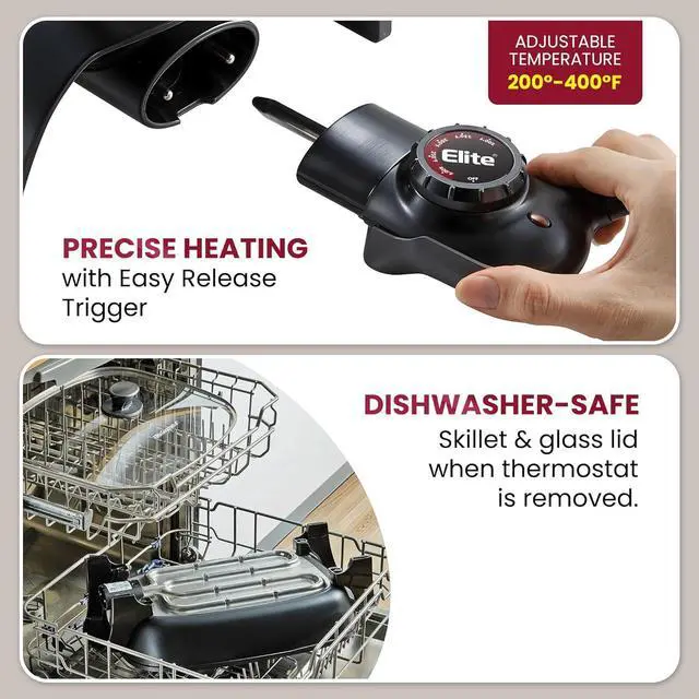 Alt view image 4 of 7 - Elite Gourmet EG6203 Extra Deep 16"x13"x3.2" (10.5Qt.) Scratch Resistant, Easy Pour Spout, Dishwasher Safe, Non-stick Electric Skillet with Vented Glass Lid, Adjustable Temperature, Black