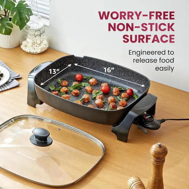 Alt view image 5 of 7 - Elite Gourmet EG6203 Extra Deep 16"x13"x3.2" (10.5Qt.) Scratch Resistant, Easy Pour Spout, Dishwasher Safe, Non-stick Electric Skillet with Vented Glass Lid, Adjustable Temperature, Black